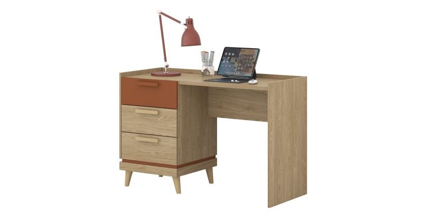 Bureau scandinave NOKI – Chêne clair et moka – 3 tiroirs de rangement
