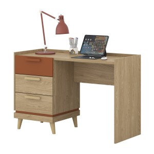 Bureau scandinave NOKI – Chêne clair et moka – 3 tiroirs de rangement