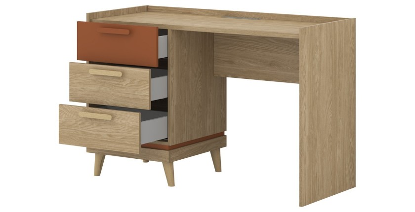 Bureau scandinave NOKI – Chêne clair et moka – 3 tiroirs de rangement