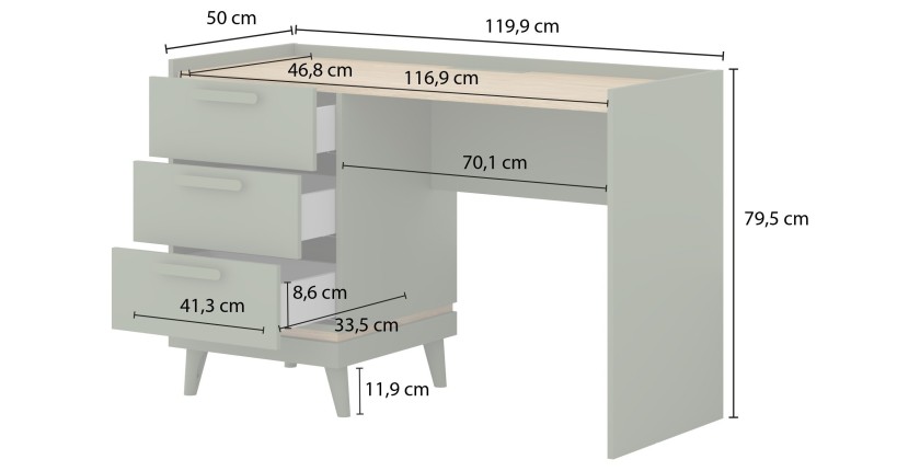 Bureau scandinave NOKI – Chêne clair et moka – 3 tiroirs de rangement