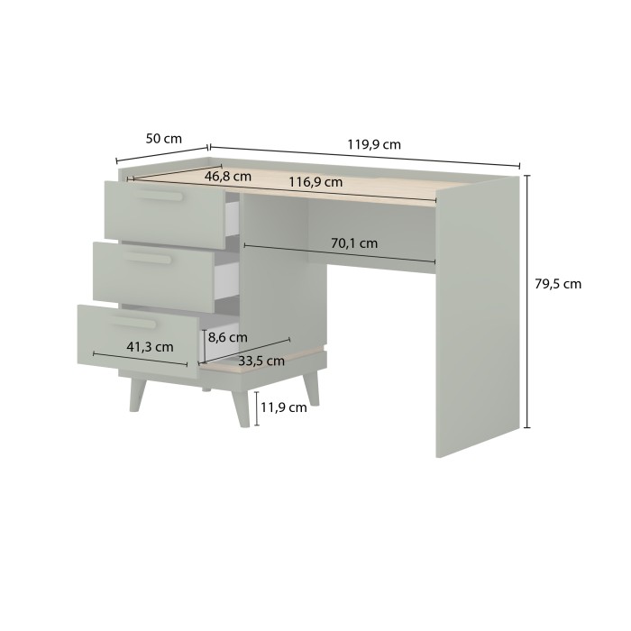 Bureau in Scandinavische stijl NOKI – 3 laden – Groen en hout – 120x80x50 cm