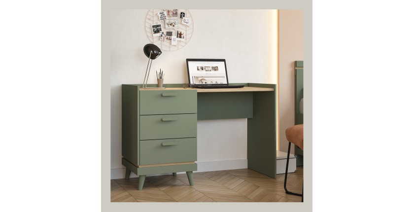 Bureau style scandinave NOKI – 3 tiroirs – Vert et bois – 120x80x50 cm