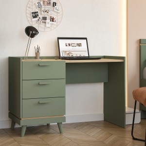 Bureau style scandinave NOKI – 3 tiroirs – Vert et bois – 120x80x50 cm