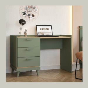 Bureau style scandinave NOKI – 3 tiroirs – Vert et bois – 120x80x50 cm