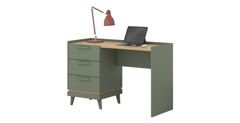 Bureau style scandinave NOKI – 3 tiroirs – Vert et bois – 120x80x50 cm