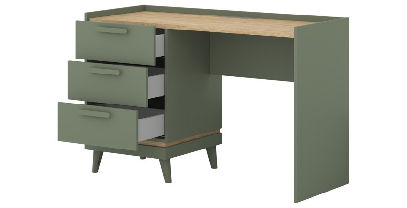 Bureau style scandinave NOKI – 3 tiroirs – Vert et bois – 120x80x50 cm