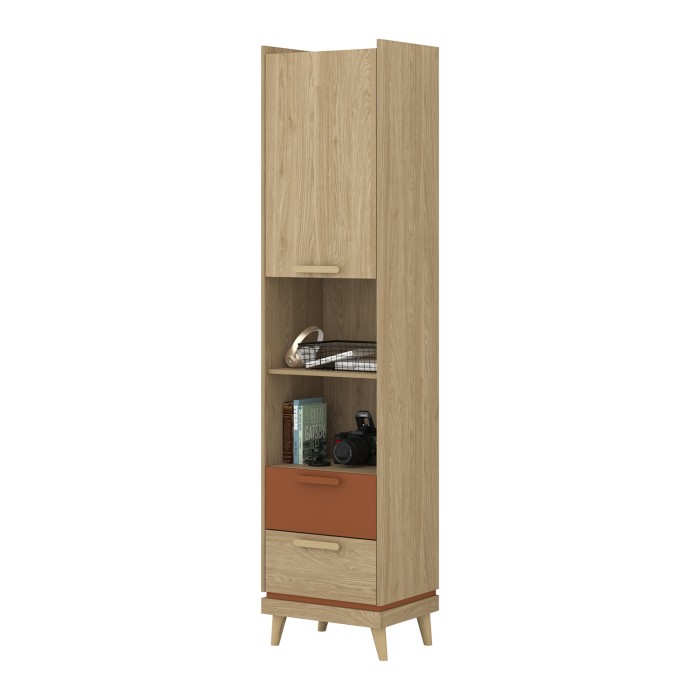 Bibliothèque NOKI – Chêne clair et moka – 1 porte + 2 tiroirs style scandinave