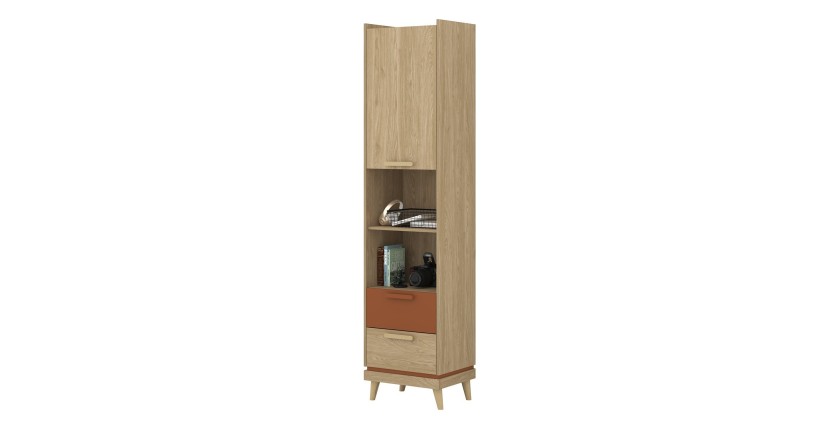 Bibliothèque NOKI – Chêne clair et moka – 1 porte + 2 tiroirs style scandinave