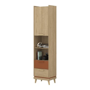 Bibliothèque NOKI – Chêne clair et moka – 1 porte + 2 tiroirs style scandinave
