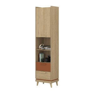 Bibliothèque NOKI – Chêne clair et moka – 1 porte + 2 tiroirs style scandinave