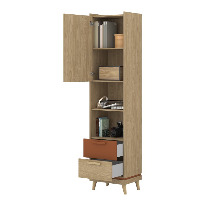 Bibliothèque NOKI – Chêne clair et moka – 1 porte + 2 tiroirs style scandinave
