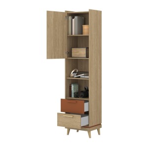 Bibliothèque NOKI – Chêne clair et moka – 1 porte + 2 tiroirs style scandinave