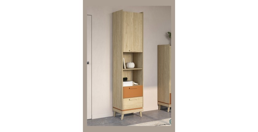 Bibliothèque NOKI – Chêne clair et moka – 1 porte + 2 tiroirs style scandinave