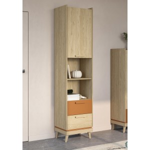 Bibliothèque NOKI – Chêne clair et moka – 1 porte + 2 tiroirs style scandinave