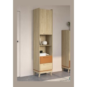 Bibliothèque NOKI – Chêne clair et moka – 1 porte + 2 tiroirs style scandinave