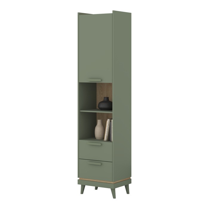 Bibliothèque NOKI – Vert et bois – 1 porte + 2 tiroirs style scandinave