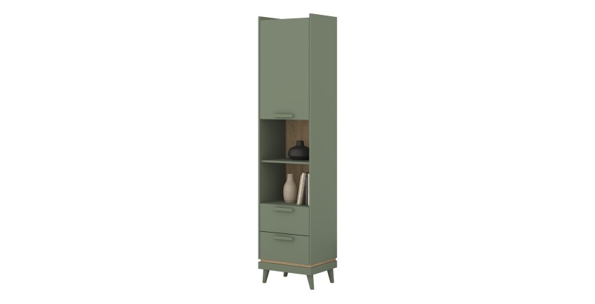 Bibliothèque NOKI – Vert et bois – 1 porte + 2 tiroirs style scandinave