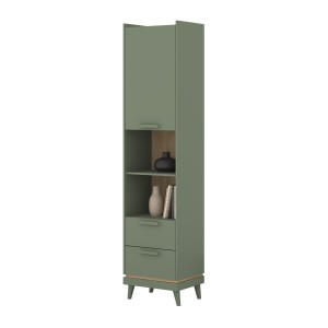 Bibliothèque NOKI – Vert et bois – 1 porte + 2 tiroirs style scandinave