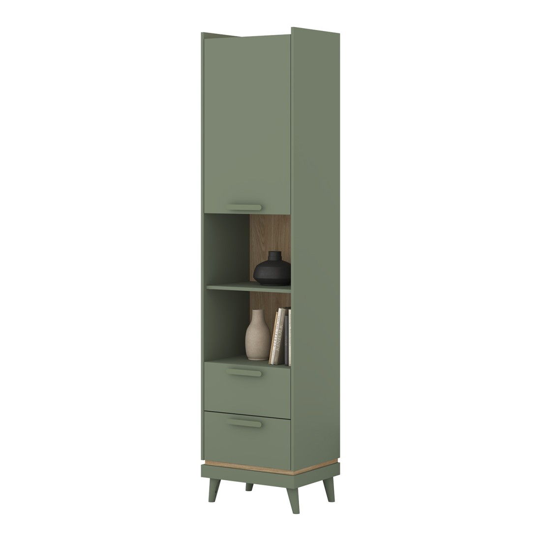 Bibliothèque NOKI – Vert et bois – 1 porte + 2 tiroirs style scandinave