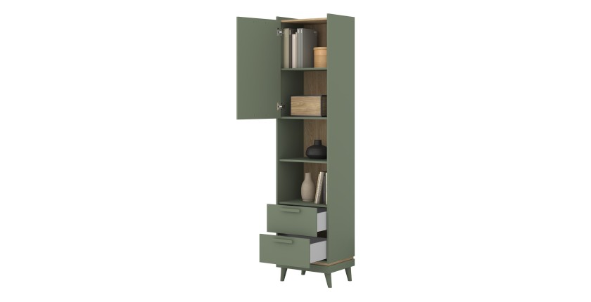 Bibliothèque NOKI – Vert et bois – 1 porte + 2 tiroirs style scandinave