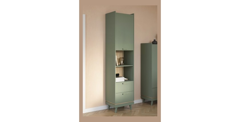 Bibliothèque NOKI – Vert et bois – 1 porte + 2 tiroirs style scandinave
