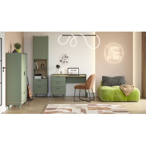 Ensemble bureau NOKI – Bureau + armoire de rangement + bibliothèque – Vert et bois scandinave