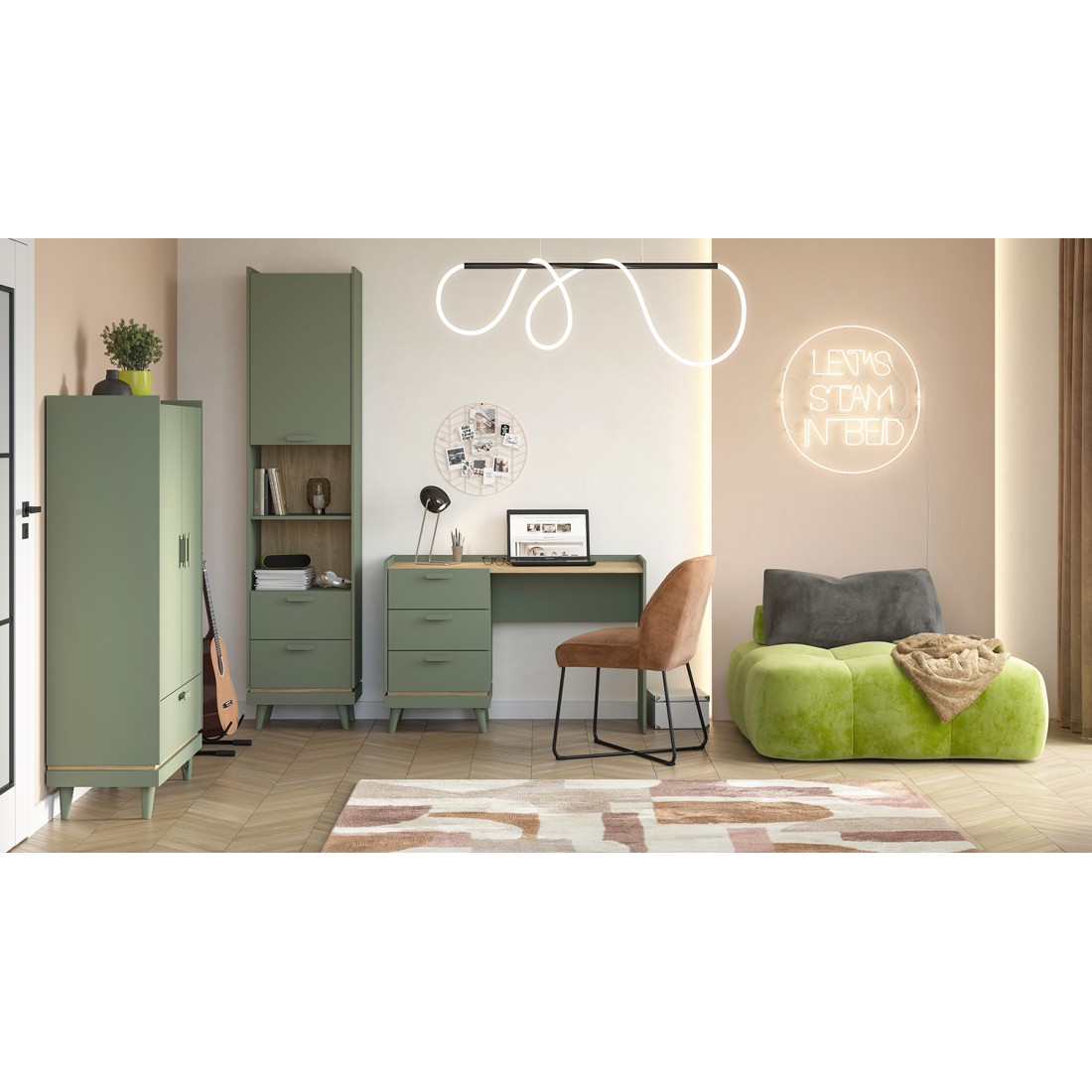 Ensemble bureau NOKI – Bureau + armoire de rangement + bibliothèque – Vert et bois scandinave
