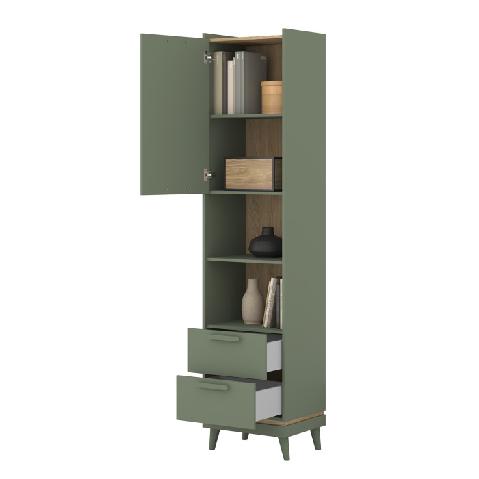 Set ufficio NOKI – Scrivania + armadio per archiviazione + libreria – Verde e legno scandinavo