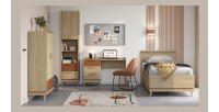 Pack chambre enfant NOKI style scandinave – Lit + bureau + armoire + bibliothèque – Chêne clair et moka