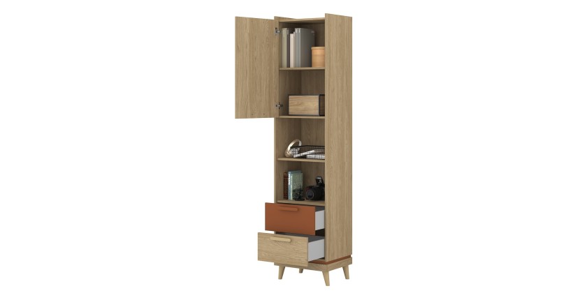 Pack chambre enfant NOKI style scandinave – Lit coffre + bureau + armoire + bibliothèque – Chêne clair et moka