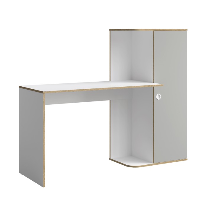 Bureau enfant ELYO – Avec colonne de rangement et 4 niches – Gris, blanc & chêne clair – 160x129x53 cm