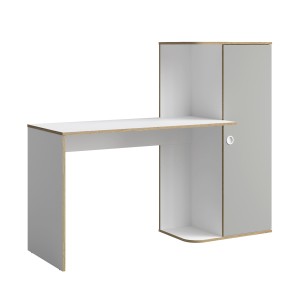Bureau enfant ELYO – Avec colonne de rangement et 4 niches – Gris, blanc & chêne clair – 160x129x53 cm