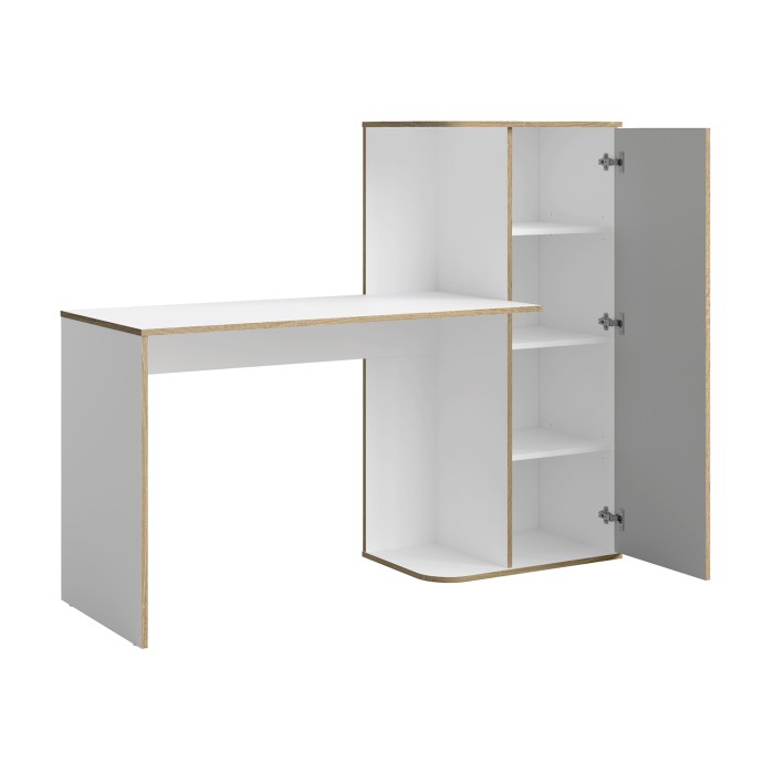 Bureau kind ELYO - Met opbergkolom en 4 vakken - Grijs, wit & licht eiken - 160x129x53 cm