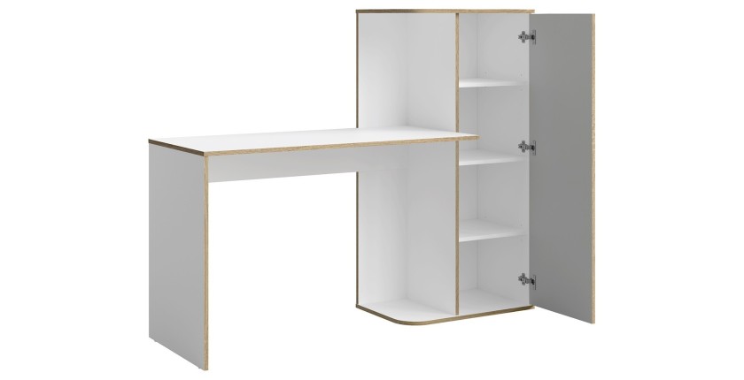 Bureau enfant ELYO – Avec colonne de rangement et 4 niches – Gris, blanc & chêne clair – 160x129x53 cm
