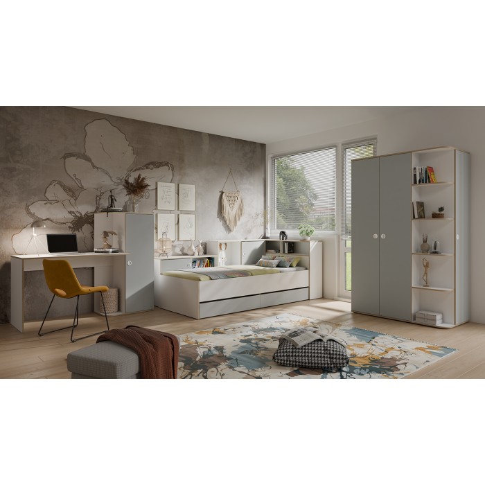 Bureau kind ELYO - Met opbergkolom en 4 vakken - Grijs, wit & licht eiken - 160x129x53 cm