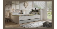 Lit enfant ELYO – 90x200 cm – Avec tiroirs, niches et étagères – Gris, blanc & chêne clair