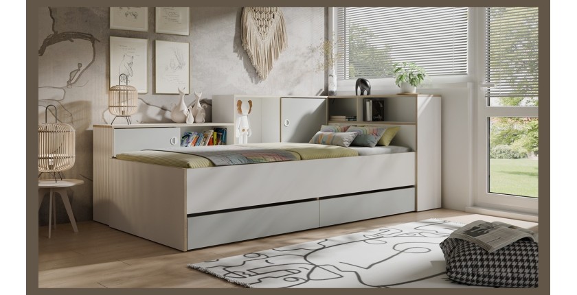 Lit enfant ELYO – 90x200 cm – Avec tiroirs, niches et étagères – Gris, blanc & chêne clair