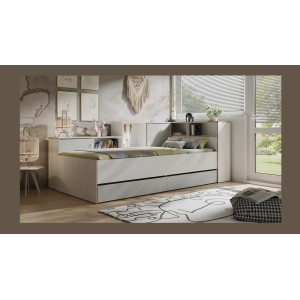 Lit enfant ELYO – 90x200 cm – Avec tiroirs, niches et étagères – Gris, blanc & chêne clair