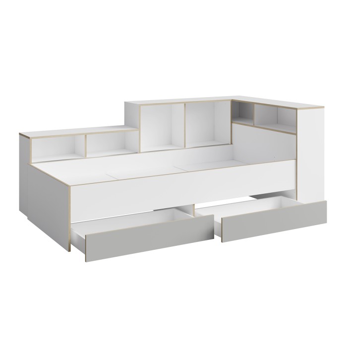Letto per bambini ELYO – 90x200 cm – Con cassetti, nicchie e scaffali – Grigio, bianco & rovere chiaro
