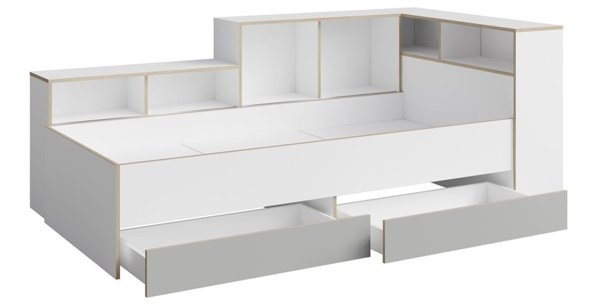 Lit enfant ELYO – 90x200 cm – Avec tiroirs, niches et étagères – Gris, blanc & chêne clair