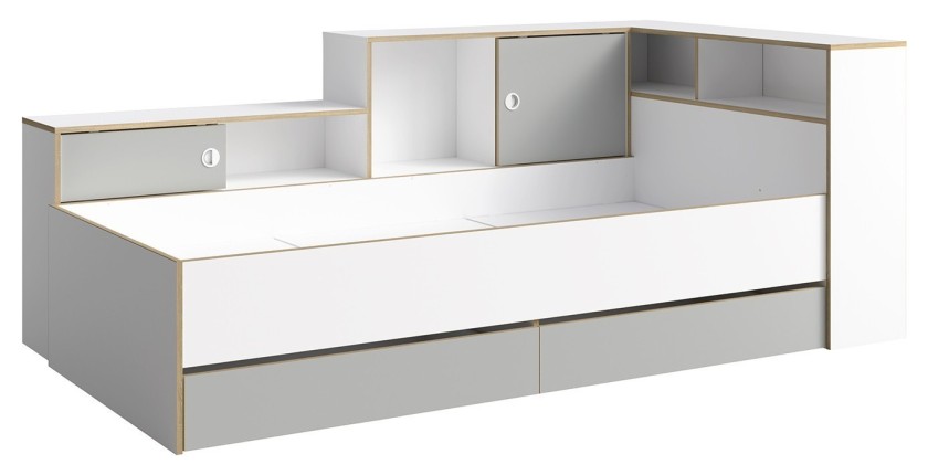Lit enfant ELYO – 90x200 cm – Avec tiroirs, niches et étagères – Gris, blanc & chêne clair