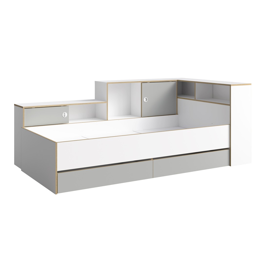 Lit enfant ELYO – 90x200 cm – Avec tiroirs, niches et étagères – Gris, blanc & chêne clair