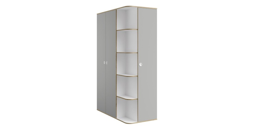 Armoire enfant ELYO – 3 portes + bibliothèque en façade – Gris & chêne