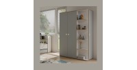 Armoire enfant ELYO – 3 portes + bibliothèque en façade – Gris & chêne