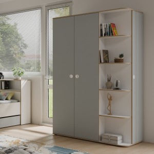Armoire enfant ELYO – 3 portes + bibliothèque en façade – Gris & chêne