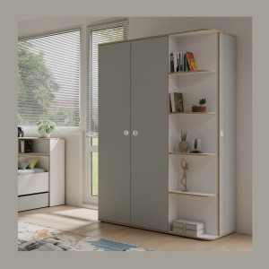 Armoire enfant ELYO – 3 portes + bibliothèque en façade – Gris & chêne