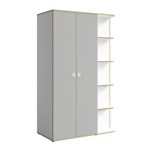 Armoire enfant ELYO – 3 portes + bibliothèque en façade – Gris & chêne