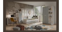 Armoire enfant ELYO – 3 portes + bibliothèque en façade – Gris & chêne
