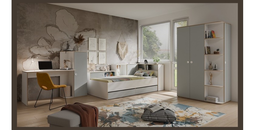 Armoire enfant ELYO – 3 portes + bibliothèque en façade – Gris & chêne