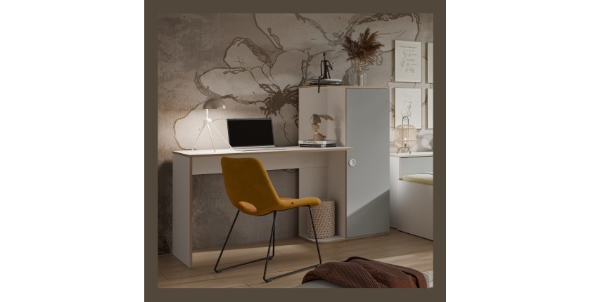 Bureau enfant ELYO – Avec colonne de rangement et 4 niches – Gris, blanc & chêne clair – 160x129x53 cm